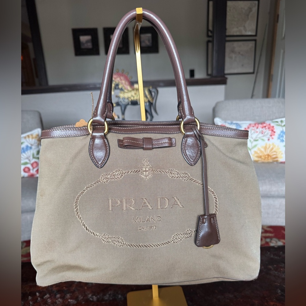Prada Canvas and Leatget Tan and Brown Women's shoulder bag